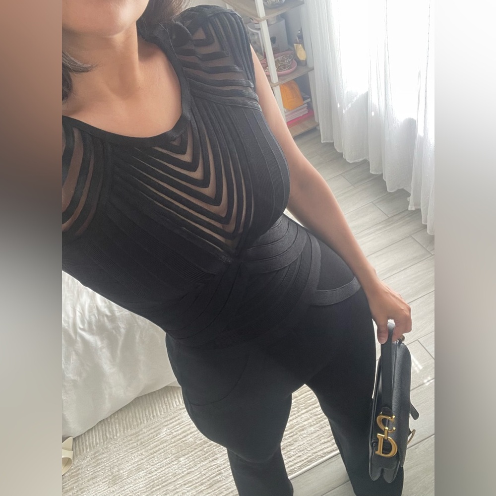 Herve Leger Black Marian Bandage Wide-Leg Flare Jumpsuit - Picture 5 of 7